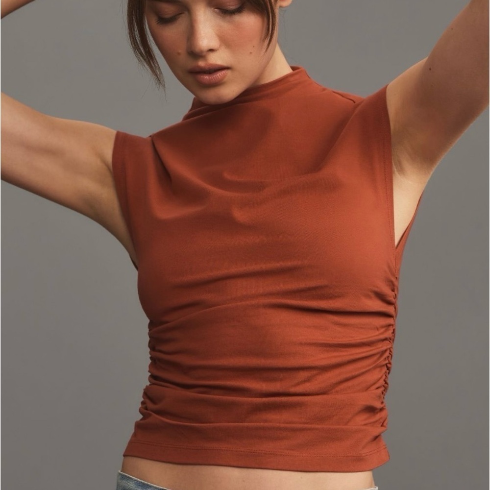 Anthropologie Mock Neck Shell Top Red Orange Pima Cotton Sleeveless Sz L